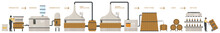 Whiskey production, infographic vector illustration. Cartoon automated process of making whisky alcohol product with fermentation, distillation, aging in barrels and bottling. Food industry concept