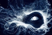 Human Eye Close Up. Black  White,  High Details. Smoke And Energy Waves In The Shape Of An Eye. Photo Realistic, Concept Art, Cinematic Light, Background, Wallpaper, Illustration