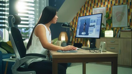 Wall Mural - asian woman working remotely on pc at home and designing clothes in program for 3d modeling and visu