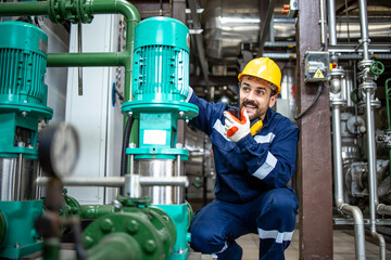 Wall Mural - Portrait of maintenance engineer worker doing quick inspection of production in heating plant.