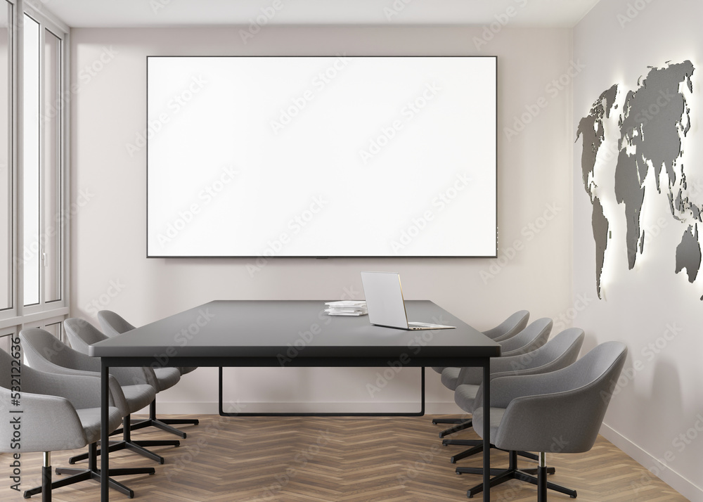 Conference room with blank, empty TV screen. Monitor mock up. Business ...