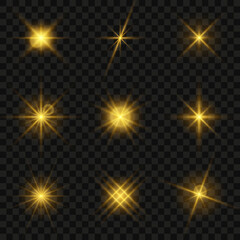 Fototapete - Glowing star light effect collection. Light effect of sparkling stars and bright flashes. Golden sparkles and particles with glowing light. Golden flickers isolated on transparent background. Vector