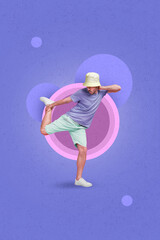 Wall Mural - Collage photo of youngster man wear stylish outfit hat dancer party discotheque concentrated positive chill vacation isolated on neon color background