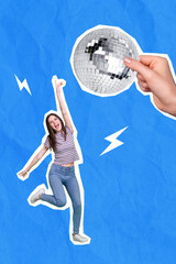 Sticker - Collage photo of young attractive pretty cool swag excited positive woman dancing celebrating her weekend disco ball isolated on blue color background