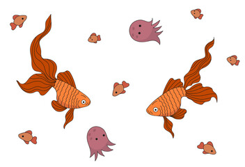 Illustration with marine inhabitants. Orange two fish. Jellyfish and small fish