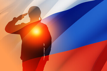 Silhouette of Russian soldier in uniforms on background of the Russian flag. Military recruitment concept. 3d rendering.