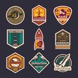 Mars mission retro isolated label set. Space expedition badge, scientific odyssey symbol, modern spacecraft flying, martian discovery vector illustration. Planet colonization vintage sign collection.