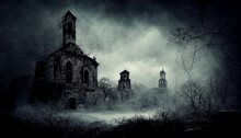 Digital Art Of A Church In A Foggy Halloween Night.