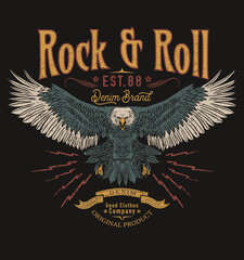 Poster - Eagle vintage vector t shirt design. Rock and roll with wing logo artwork for apparel and others.