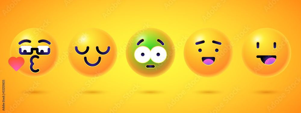 Round 3d emoticons set. Yellow Emoji faces emoticon smile, digital ...