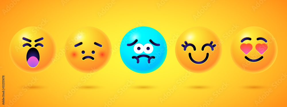 Round 3d emoticons set. Yellow Emoji faces emoticon smile, digital ...