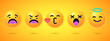 © karnografff - Round 3d emoticons set. Yellow Emoji faces emoticon smile, digital smiley expression emotion feelings, chat cartoon emotes. Vector illustration icons