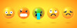 © karnografff - Round 3d emoticons set. Yellow Emoji faces emoticon smile, digital smiley expression emotion feelings, chat cartoon emotes. Vector illustration icons