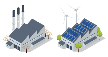 Isometric industrial chimneys with heavy smoke causing air pollution. Environment Polluted by CO2 Emission. Climate hange roblem, health care for people and animals