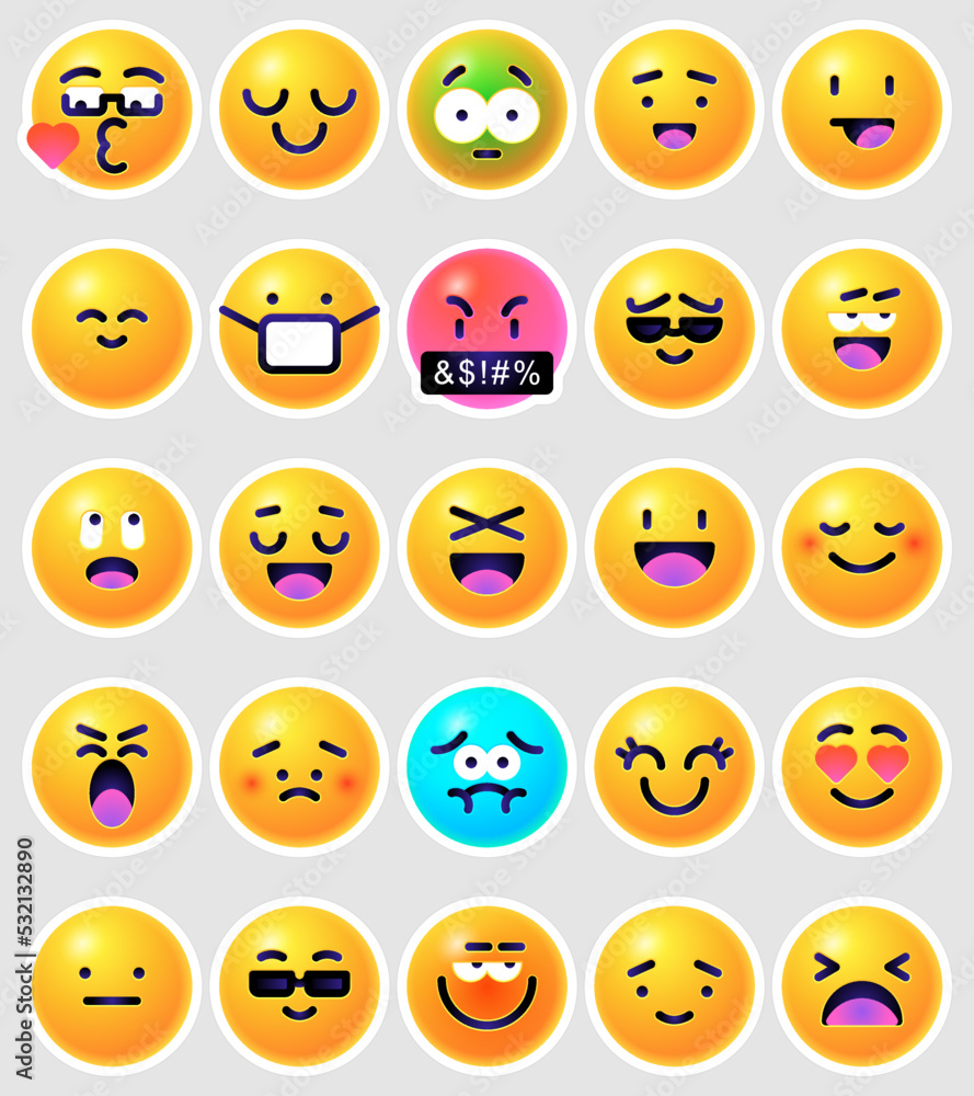 Round 3d emoticons set. Yellow Emoji faces emoticon smile, digital ...