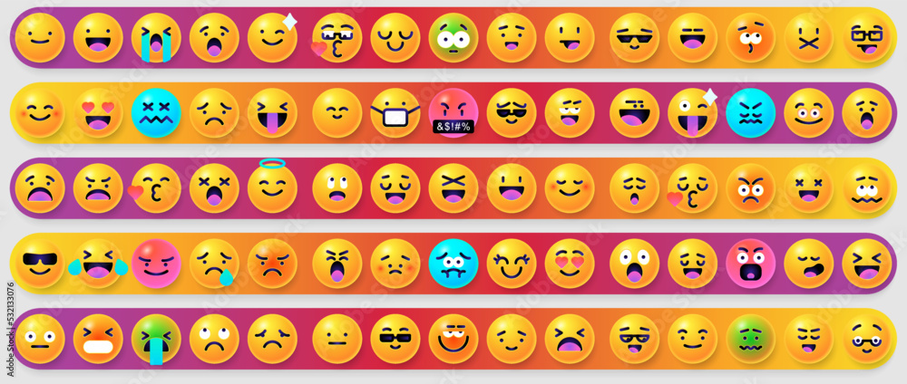 Round 3d emoticons set. Yellow Emoji faces emoticon smile, digital ...