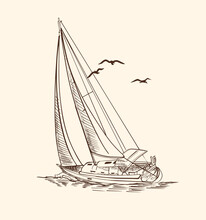 Sailboat In The Sea, Summer Adventure, Active Vacation. Seagoing Vessel, Marine Ship Or Nautical Caravel. Water Transport In The Ocean For Sailor And Captain. Engraved Hand Drawn In Vintage Style.