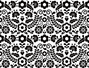 Poster - Seamless vector pattern with Mexican floral morif, black and white textile or fabric print design inspired by traditional embroidery crafts from Mexico
 