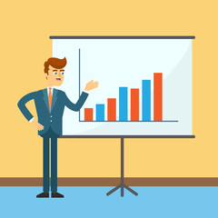 Wall Mural - Businessman standing near board with financial chart. Young man in business suit and tie doing business presentation. Business people banner, finance statistics and analytics vector illustration