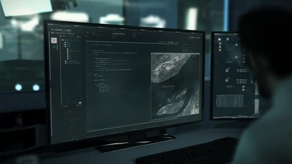 Writing commands using the computer programming language. Typing the hacking commands in the programming computer system. Running the programming commands on the computer to analyze target data.
