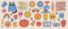 Groovy Halloween Elements Set In Retro Groovy 70s Style. Psychedelic Collection Of Hippie Design Flowers And Characters. The Power Of Monster Flowers. Linear Hand Drawn Vector Illustration.