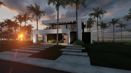 Wall Mural - 4K video rendering of modern cozy house with pool and parking for sale or rent in luxurious style by the sea or ocean. Sunset evening by the coast with palm and flowers in tropical island Fly-walk