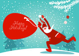 Fototapeta Dinusie - Santa Claus behind white banner having fun. Cute Christmas and Happy Holidays vector illustration card
