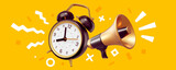 Fototapeta  - 3d illustration of black retro alarm clock with arrow and golden megaphone on yellow color background