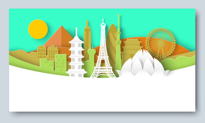 Wall Mural - Travel skyline paper cut 3d vector banner