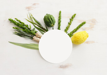 Wall Mural - Jewish festival of Sukkot. Traditional symbols (The four species): Etrog (citron), lulav (palm branch), hadas (myrtle), arava (willow)