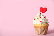 Tasty Cupcake On Pink Background, Space For Text. Valentine's Day Celebration