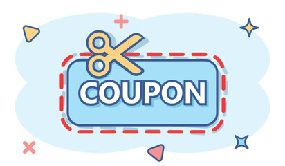 Discount coupon icon in comic style. Scissors with price tag vector cartoon illustration on white isolated background. Sale sticker business concept splash effect.