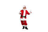 Fototapeta Sport - Portrait of happy senior man in image of Santa Claus in festive glasses posing isolated over white background