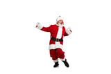 Fototapeta Sport - Portrait of senior man in image of Santa Claus cheerfully dancing isolated over white background