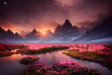 Beautiful Landscape Of Glacial Mountains Lakes, Forests And Flowers With Rocks