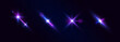 Purple lights star, sun rays, violet sparks sparkle. Blue glow star burst flare explosion light effect. Bright glitter glare bokeh. Set of transparent light streak and lens flares. Neon flare. Vector