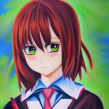 Cute Anime Schoolgirl Portrait Cartoon Oil Painting. Japanese Girl Manga Animation Avatar. Trendy Print For Poster, Canvas, Invitation, Card Design. Print For Dress, Shirt. Woman In School Uniform