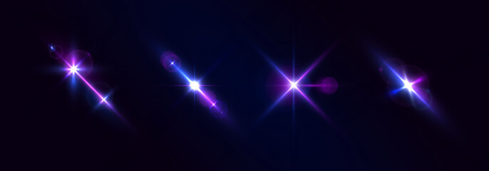 Purple lights star, sun rays, violet sparks sparkle. Blue glow star burst flare explosion light effect. Bright glitter glare bokeh. Set of transparent light streak and lens flares. Neon flare. Vector