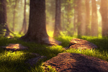Computer Generated Illustration Of A Forest Floor In Spring With Tree Trunks In The Background, Moss And Rocks And Amber Spring Sunlight Shining Through. A.I. Generated Art.