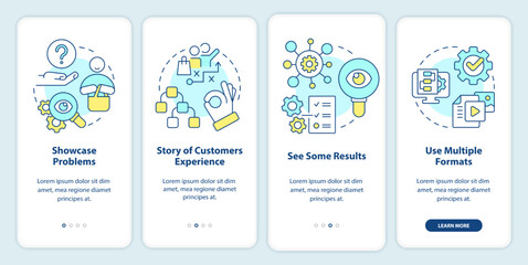 Wall Mural - Elements of case study onboarding mobile app screen. Structure walkthrough 4 steps editable graphic instructions with linear concepts. UI, UX, GUI template. Myriad Pro-Bold, Regular fonts used