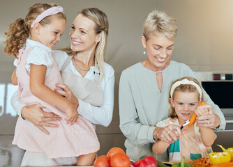 Wall Mural - Family cooking, happy lunch and children helping with mother and grandmother with healthy breakfast in kitchen. Mom and grandma teaching kids with food, smile for health salad and nutrition diet