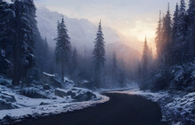 A Winding Road Through A Snowy Winter Landscape. 