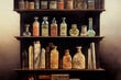 Chemical flasks and bottles on shelves. Mysticism, magic, science, chemistry. Digital art