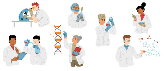 Scientists research in laboratory. Medic, geneticist, chemist or biochemist characters working with microscope, beakers, dna structure, writing formulas in lab, Cartoon linear flat vector illustration