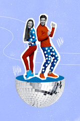 Poster - Creative 3d collage artwork postcard poster sketch of two young happy person dancing part piece discoball isolated on drawing background