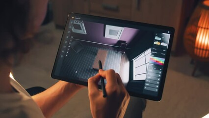Wall Mural - male 3d designer using digital tablet computer and pencil and creating interior of house in professi