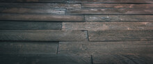 Weathered Wooden Planks Background. Vinage Wooden Surface With With Offset Planks Pattern. Horizontal Top View.