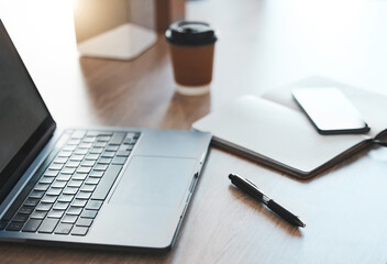 Aufkleber - Empty desk, laptop and coffee shop with notebook, pc tech and pen for SEO, UX and UI web design at cafe store workspace. Desk or table with digital computer on internet wifi for online business email