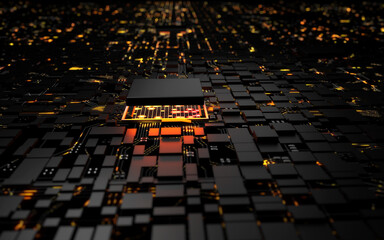 Wall Mural - 3D rendering microprocessor CPU chipset central processor unit on the illumination circuit computer mainboard. Cyber and futuristic concept, hardware, AI, electronics and technology, with copy space