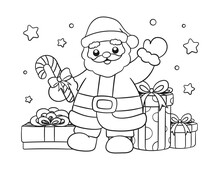 Santa Claus With Gifts And Candy Cane Outline Line Art Doodle Cartoon Illustration. Winter Christmas Theme Coloring Book Page Activity For Kids And Adults.